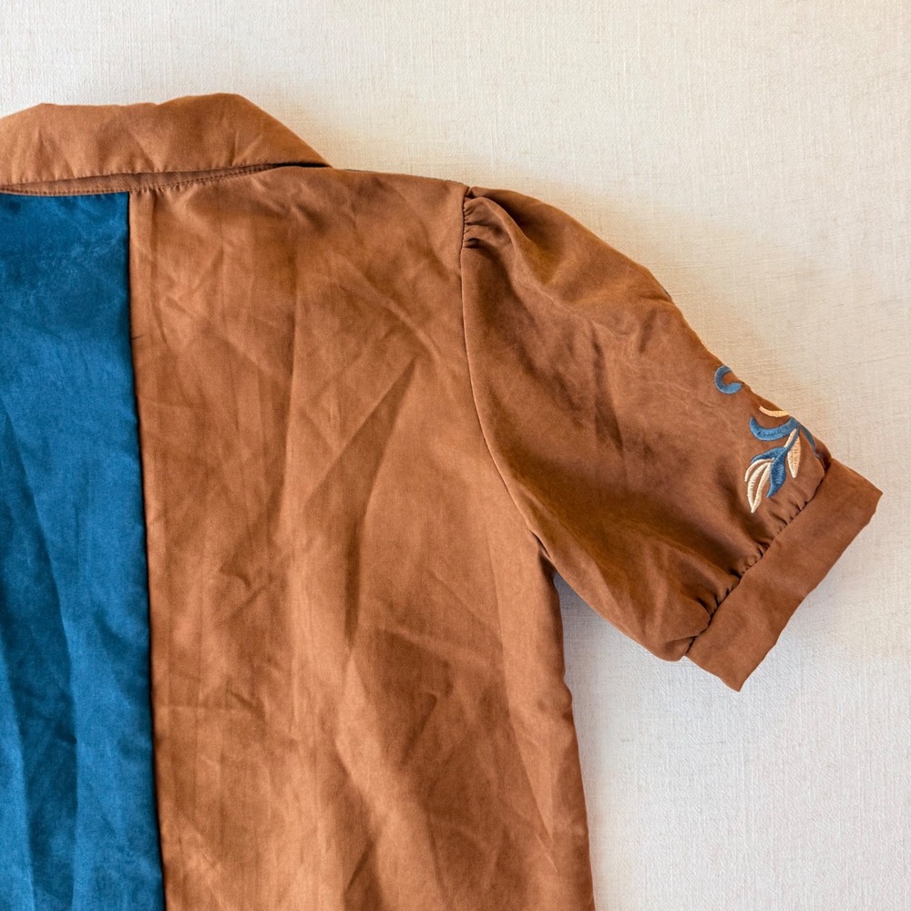 Embroidered Western Blouse Small Brown Teal Puff Sleeve Boho Cowgirl Shirt - Picture 12 of 13